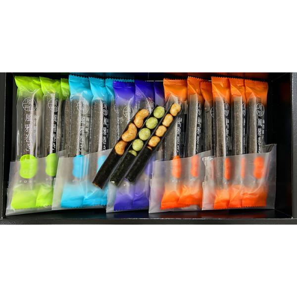 内容／合計15本入醤油大豆　　　　　　3本×2醤油ピーナッツ　　　3本×1わさび大豆　　　　　3本×1塩ピーナッツ　　　　3本×1箱サイズ／16.3×31.4×4.2cm重量／300g化粧箱入アレルゲン／小麦・落花生・大豆賞味期限／製造日よ...