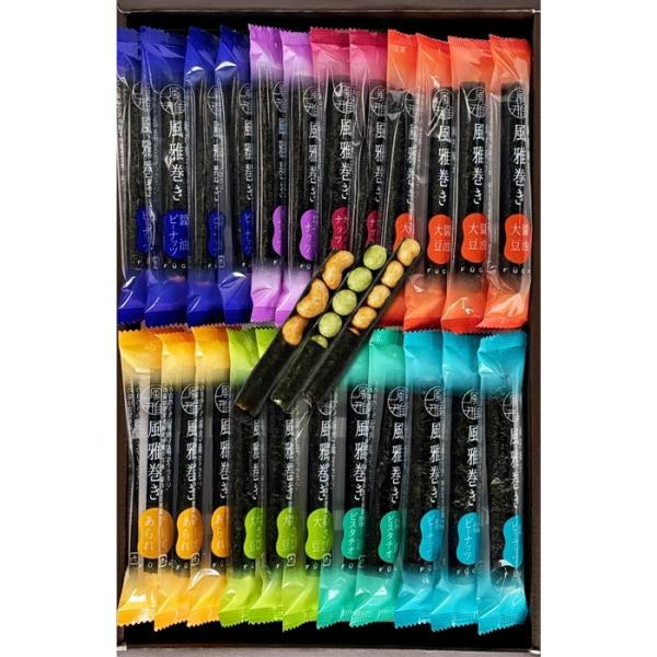 内容／醤油大豆　　　　　　4本醤油ピーナッツ　　　4本塩ピーナッツ　　　　3本わさび大豆　　　　　3本醤油カシューナッツ　2本チーズあられ　　　　3本塩カシューナッツ　　2本醤油ピスタチオ　　　2本箱サイズ／33.2×21.6×4.5cm化粧箱入