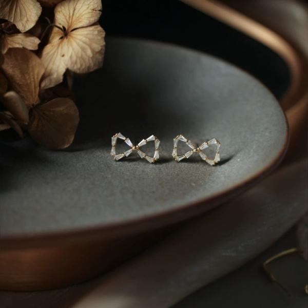 S925 シルバー ジルコニア リボン スタッド ピアス アリス レディース バゲットカット風 14K ゴールド カラー TEXTALIAN テキスタリアン