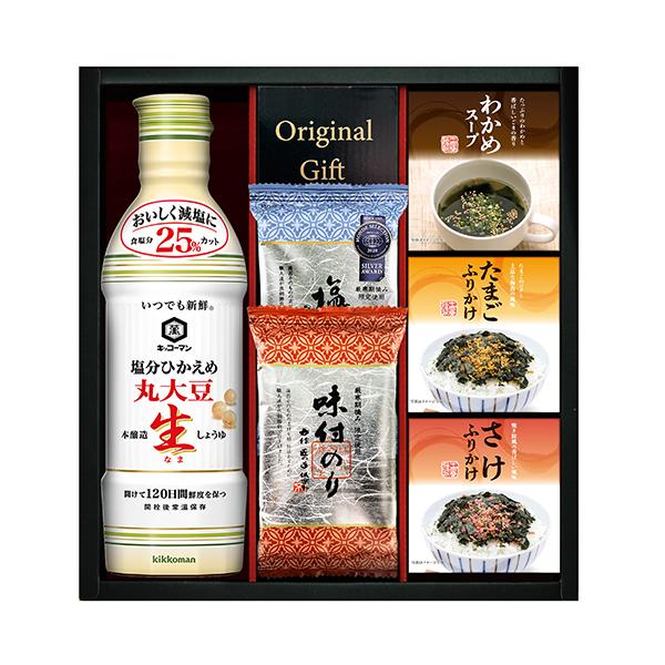 【商品内容】●キッコーマン塩分ひかえめ丸大豆生しょうゆ４５０ｍｌ、わかめスープ（３．８ｇ×３）、丸美屋たまごふりかけ（２．５ｇ×３）、丸美屋さけふりかけ（２．５ｇ×３）、味付のり（８切６枚）、有明海産塩のり（８切６枚）●アレルゲン：小麦・乳...