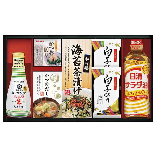 【商品内容】●キッコーマン塩分ひかえめ丸大豆生しょうゆ２００ｍｌ、マルトモかつおパック（０．７ｇ×３）、かね七かつおだし（４ｇ×５）、海苔茶漬け（６．０ｇ×５）、白子のり味のり（８切５枚）×２、日清サラダ油４００ｇ●アレルゲン：小麦・乳・え...