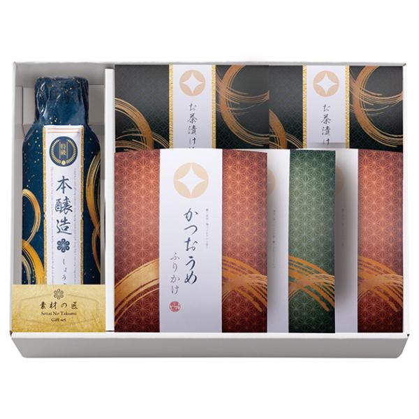 【商品内容】●特級本醸造しょうゆ（300ml）×1、鰹梅ふりかけ（2.5g×2）×2、わさびふりかけ（2.5g×2）×1、お茶漬け海苔（4.7g×2）×2●アレルゲン：小麦・卵・乳・ごま・さば・大豆・鶏肉●日本製●商品サイズ：18.5×26...