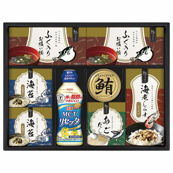 【商品内容】●日清MCTリセッタ200g・海老しらすふりかけ(3g×3）・海苔茶漬け(5.5g×2)×2・あごだし(6g×2)・ふぐ入りお吸いもの（3.2g×3)×2・鮪油漬けフレーク70g●アレルゲン：乳・小麦・えび●生産国・加工地：日本...