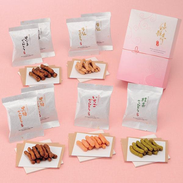 【商品内容】●黒糖かりんとう10g×2、黒胡麻かりんとう10g×2、牛乳かりんとう10g×2、抹茶かりんとう10g×1、いちごかりんとう10g×1●アレルゲン：乳・小麦●生産国・加工地：日本●化粧箱●パッケージサイズ：205×135×65m...