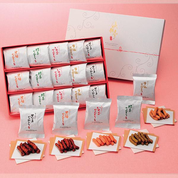 【商品内容】●黒糖かりんとう10g×3、黒胡麻かりんとう10g×3、牛乳かりんとう10g×3、抹茶かりんとう10g×3、いちごかりんとう10g×3●アレルゲン：乳・小麦●生産国・加工地：日本●化粧箱●パッケージサイズ：260×390×40m...