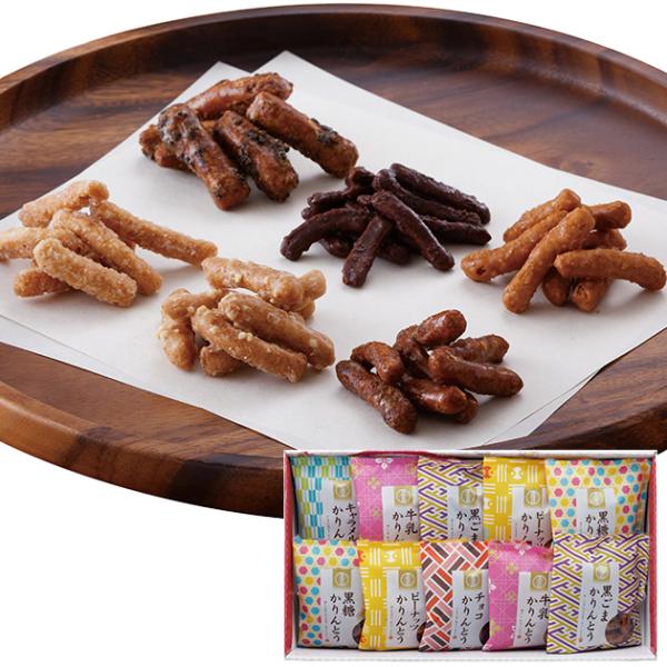 【商品内容】●黒ごまかりんとう:45g×2個、黒糖かりんとう:45g×2個、牛乳かりんとう:45g×2個、ピーナッツかりんとう:45g×2個、チョコかりんとう:45g×1個、キャラメルかりんとう:45g×1個●アレルゲン：小麦・乳成分・落花...