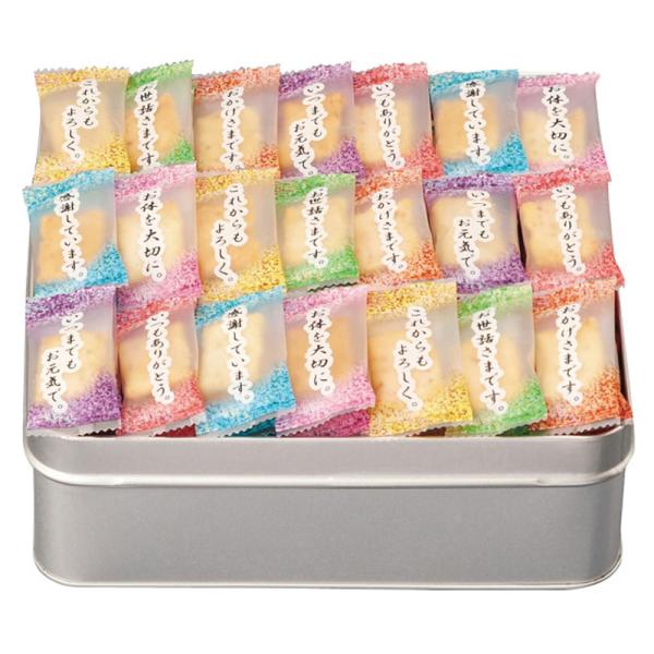 ●箱サイズ：約24×24×8（ｃｍ）/重さ：715g●缶入●海老マヨ味・胡麻サラダ味（計２１０ｇ）　【アレルゲン：卵・えび・大豆・豚肉・ごま】　●普段言葉では言い表せない「感謝のきもち」を個包装にデザインしました。●加工地：日本●宅配冷蔵区...