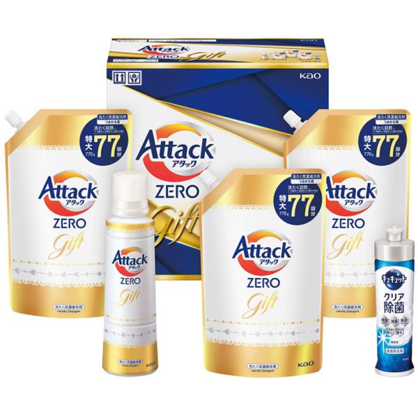 ●箱サイズ約：28.6 ×12.8 ×28.0 /重さ：3.5 kg●化粧箱入●アタックＺＥＲＯ本体（５８０ｇ）×１、アタックＺＥＲＯ詰替用（７７０ｇ）×３、キュキュットクリア除菌本体（２２０ｍｌ）×１　●アタック液体史上最高の清潔力のアタ...