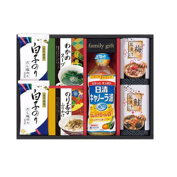 ■商品内容：白子だし塩のり(8切5枚)×2、わかめスープ(5.3g×2袋)、のり玉子ふりかけ(4.5g×2袋)、日清キャノーラ油400g、梅茶漬け(4.3g×2袋)、鮭茶漬け(4.7g×2袋)×各1【卵、乳、小麦、えび】■箱サイズ：250×...