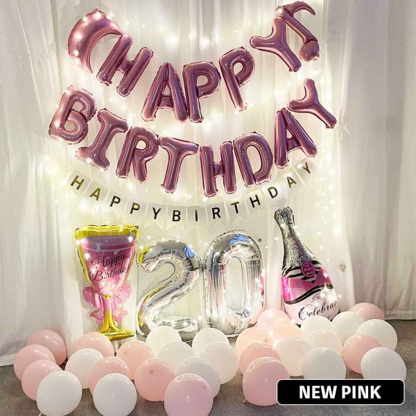 商品内容；HAPPY　BIRTHDA文字バルーンx１　（ピンク） サイズ40cm　HAPPY　BIRTHDA紙ガーランド（ホワイト）イルミネーションライト 5M LEDライトx１（電池式） 単三電池×３個 (別売り)月バルーンx１　（ピンク...