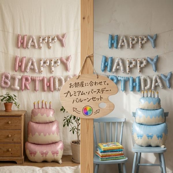 誕生日  飾り付け ケーキバルーン ガーランド　2点セット  HAPPY BIRTHDAY 風船  飾り くすみカラー ニュアンスカラー チェック  可愛い 女の子 男の子