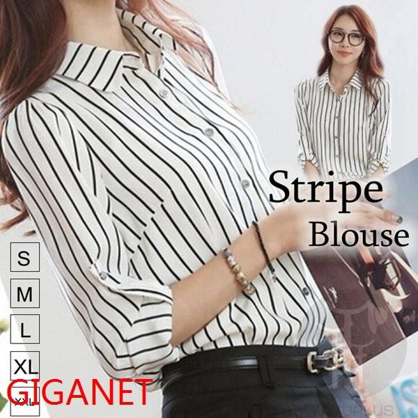 ストライプシャツシャツブラウスレディーストップスストライプ柄薄手長袖スーツインナー Rexgixk Txvul239 Giganet 通販 Yahoo ショッピング