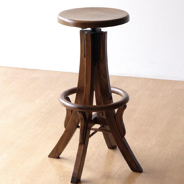 ハイスツール 天然木 無垢材 昇降式 オーク 木製スツール ウッド