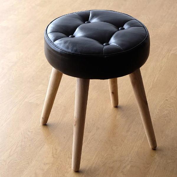 スツール 木製 クッション 丸 椅子 レザー 本革 天然木 チーク材 北欧
