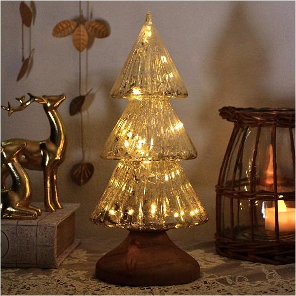 クリスマスツリー 卓上 置物 オブジェ LEDライト ガラス 木製 おしゃれ