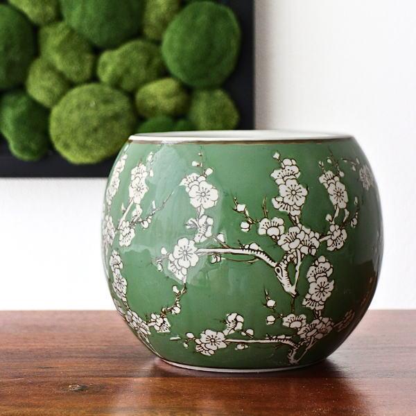 植木鉢 陶器 おしゃれ 和風 丸型 梅柄 火鉢 鉢カバー 穴なし 小型 水鉢