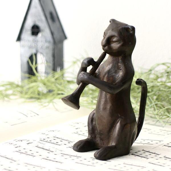 猫 置物 置き物 オブジェ トランペット 猫雑貨 真鍮 ブロンズ仕上げ