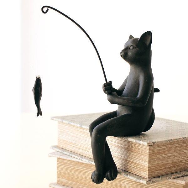 猫 置物 置き物 オブジェ 魚釣り インテリア雑貨 棚飾り レトロ
