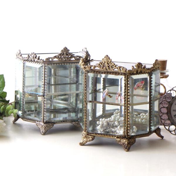 ガラスケース 真鍮 アンティーク 扉付き 小物収納ケース ミラー 透明