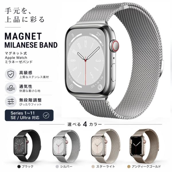 Apple Watch バンド ステンレス ミラネーゼ ループ セパレート マグネット ベルト Series 11 10 9 8 7 6 5 4 SE Ultra 49/46/45/44/42/41/40/38mm対応 男女兼用