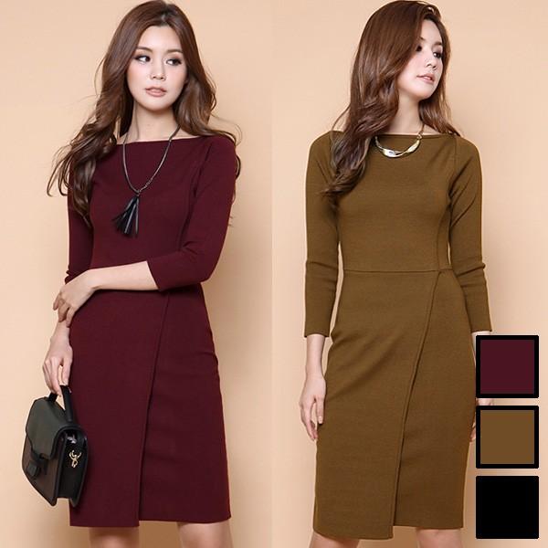 ワンピース レディース ボートネック レイヤースタイル タイトワンピース 秋 冬 無地 膝丈 シンプル 七分袖 スリム 1042 N Hi ジーナ ジュエリー 通販 Yahoo ショッピング