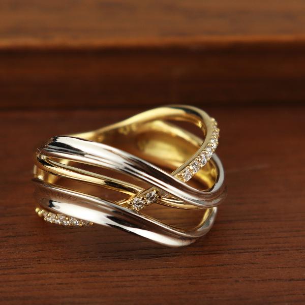 K18YG/Pt900 フェザーバイカラーダヤモンドリング 11号