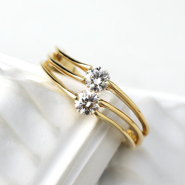 K18 二粒 ダイヤモンド 3連 ゴールド ライン リング 指輪 18金 18k