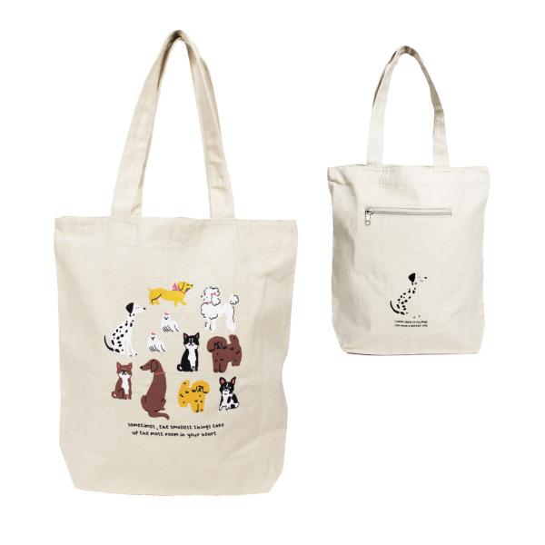 可愛い犬いっぱいのトートバッグです。A4サイズの書類も楽々収納出来るマチ付きトートです。天面ファスナーで中が見えないので安心!エコバックにもデイリーにも幅広く使えます!わんちゃん好きの方へのプレゼントにも♪柴犬・ダックス・マルチーズ・プード...