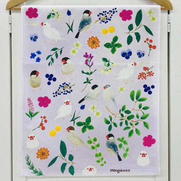 お花と文鳥さんが描かれている大人かわいいフェイスタオルです♪表パイル(シャーリング)裏パイルのフェイスタオル吸水性がよいのが嬉しいポイントです♪ことり好きさんへプレゼントにも喜ばれると思います♪Size：約W84×H34cm素材：コットン1...