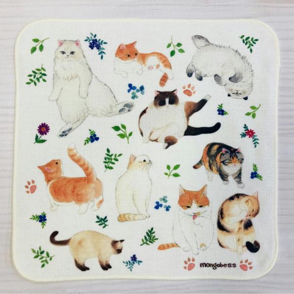 お花と葉っぱと猫ちゃんと♪トラキジトラペルシャシャムたくさんのモフモフなネコちゃんたちがいっぱいのかわいいハンカチです♪表ガーゼ・裏パイルのハンカチなので吸水性がよいのが嬉しいです☆生産地：中国（プリント日本）Size：約25×25cm素材...