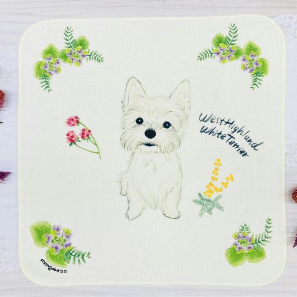 真っ白な毛並みが美しくきょとんとしたお顔がとってもかわいいウエスティちゃんハンカチです♪表ガーゼ・裏パイルのハンカチなので吸水性がよいのが嬉しいです☆わんちゃん好きさんへのプレゼントにも喜ばれると思います(*^^*)生産地：中国（プリント日...