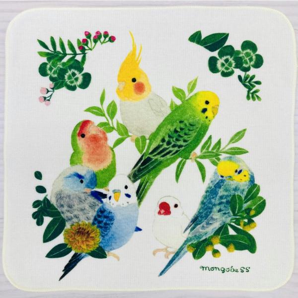 色んな種類のことりたちが描かれたかわいいハンカチです♪表ガーゼ・裏パイルのハンカチなので吸水性がよいのが嬉しいポイントです♪ことり好きさんへのプレゼントにも喜ばれると思います♪Size：約25×25cm素材：コットン100%生産地：中国（プ...