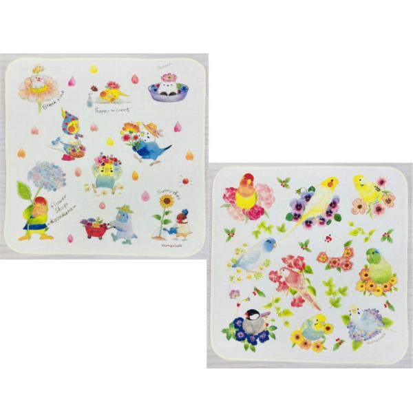 ことりが描かれたかわいいハンカチです♪花とことりちゃんたちがとっても素敵でかわいいハンカチです♪表ガーゼ・裏パイルのハンカチなので吸水性がよいのが嬉しいポイントです♪とり好きさんへのプレゼントにも喜ばれると思います♪Size：約25×25c...