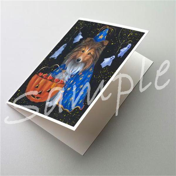 シェットランド・シープドッグ ハロウィンカード。愛犬家の方へのプレゼントに添えていただくのに最適です。額などに入れていただくと、素敵なインテリアとしてお楽しみいただけます。題名　　Sheltie Halloween Witchサイズ 　　縦...
