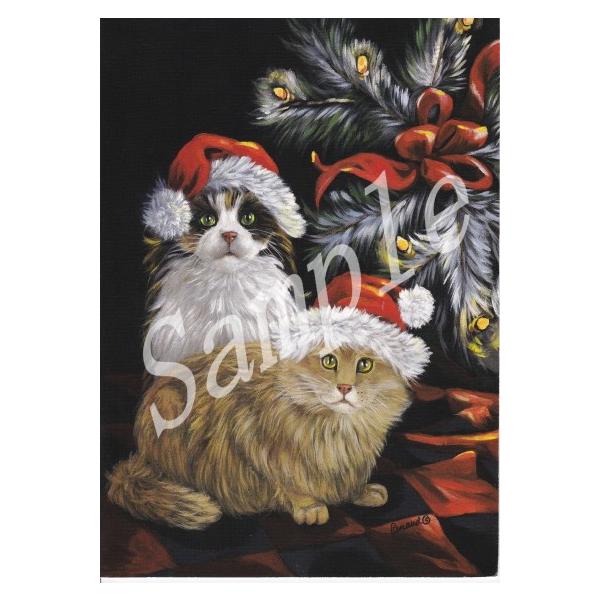 猫のクリスマスカード。愛猫家の方へのプレゼントに添えていただくのに最適です。額などに入れていただくと、素敵なインテリアとしてお楽しみいただけます。カードメッセージ "Best Wishes for a warm and happy holi...