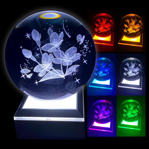 クリスタルボールランプ 70mm 水晶玉 LEDライト さくら ガラス 置物 桜の花 NK37957+32SL