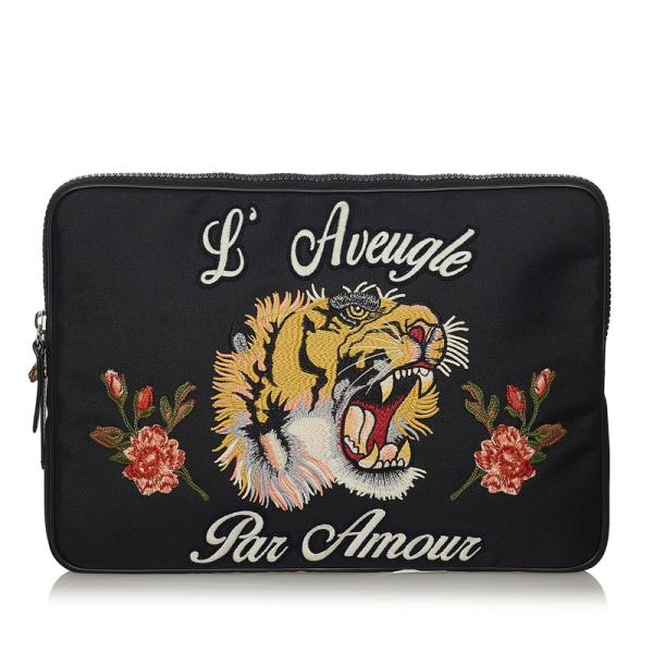 美品 グッチ キャンバス クラッチバッグ エンブロイダリー タイガー ブラック GUCCI（グッチ） エンブロイダリー タイガー クラッチバッグ ラップ