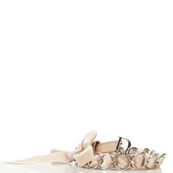 ディオール リボン ベルト べージュ レザー ベロア メタル レディース