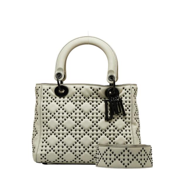 中古品・美品【Dior】DIORAMA ホワイトレザー スタッズ バッグ CHRISTIAN DIOR Small Diorama Studded Leather Flap Shoulder