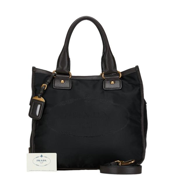 美品◎PRADA 2way ハンドバッグ ギャザー 三角ロゴ ナイロン 黒 極美品】プラダ2wayハンドバッグ三角ロゴ金具ナイロンレザー黒