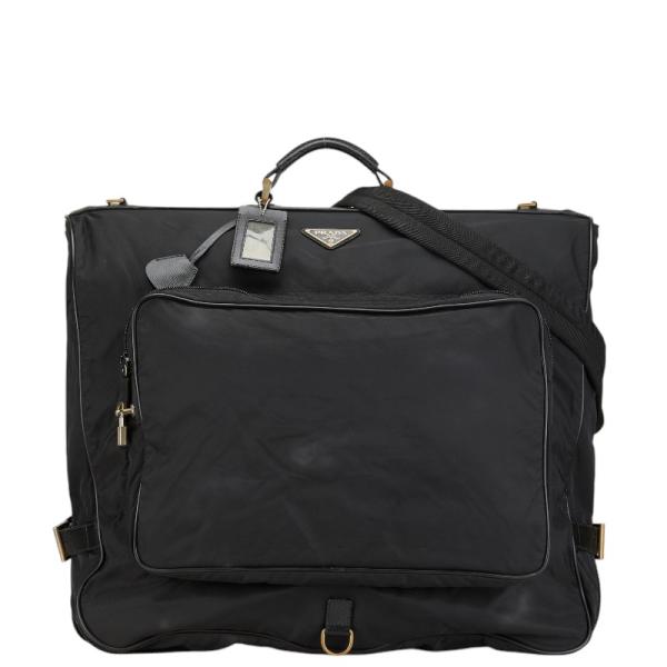 【付属あり/近現行】極美品 プラダ ガーメントバッグ ショルダー付 三角ロゴ 黒 PRADA（プラダ） 三角ロゴプレート ハンドバッグ ショルダーバッグ