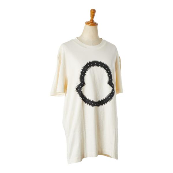 【美品】MONCLER ロゴ Tシャツ アイボリー！ モンクレール MONCLER レディーストップス 胸元ロゴパッチ