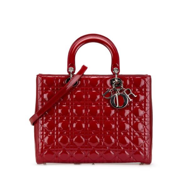 本物 クリスチャン ディオール Christian Dior レディディオール カナージュ ラージ 2WAY ショルダーバッグ ハンドバッグ パテント レザー レッド バッグ 中古・ ginzaparis2_1-0205044