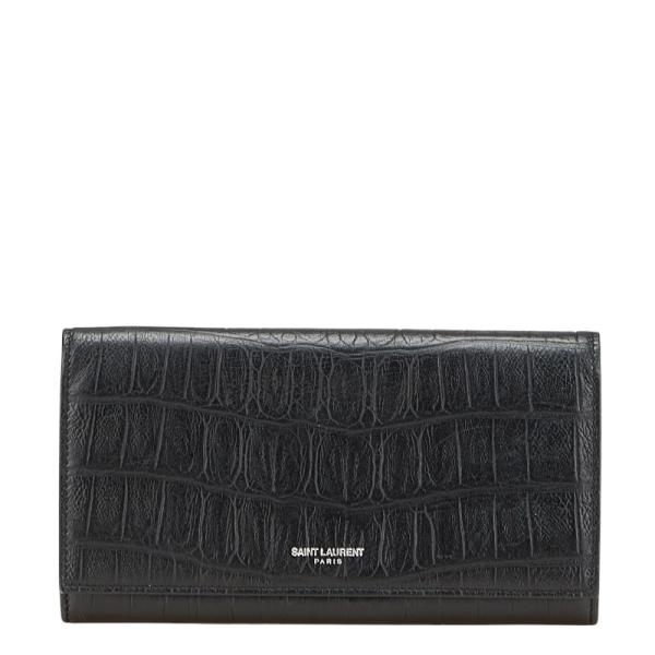 ASUS サンローラン クロコ型押し 長財布 ブラック レザー レディース  
