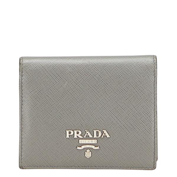 極美品　PRADA ブロッキングレザー　バイカラー　長財布　グレー　シルバーロゴ PRADA（プラダ） ロゴ 二つ折り財布 グレー レザー レディース 【中古