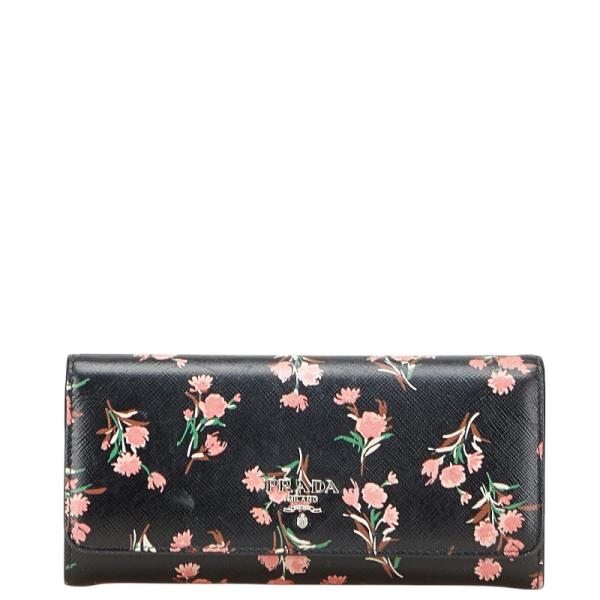 PRADA プラダ 花 フラワー モチーフ 長財布 ブラック ピンク レザー  