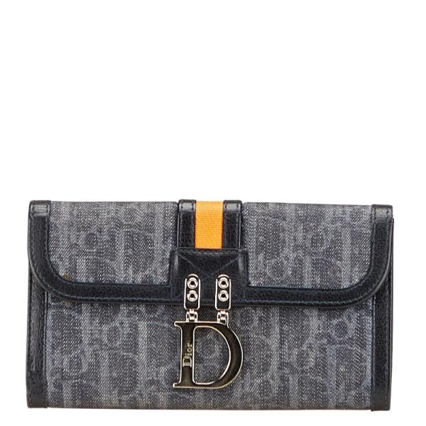 ディオール トロッター フライトライン 二つ折り財布 ブラック グレー デニム レザー レディース Dior 【中古】 ディオール トロッター フライトライン 二つ折り財布 ブラック グレー