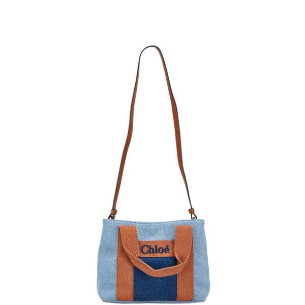 クロエ キッズ ロゴ デニム ハンドバッグ ショルダーバッグ ブルー ブラウン コットン レディース Chloe 【中古】 Chloe（クロエ） キッズ ロゴ デニム ハンドバッグ ショルダーバッグ