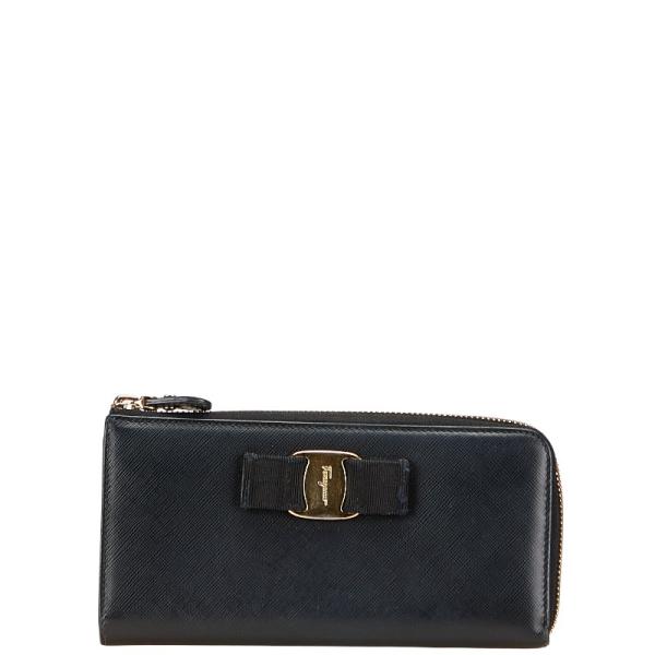 美品 フェラガモ 長財布 L字ファスナー サフィアーノ ヴァラリボン レザー 黒 サルヴァトーレフェラガモ ヴァラリボン 長財布 L字ファスナー