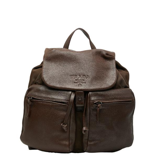 美品✨プラダ リュック オールレザー ロゴ型押し ブラウン ユニセックス PRADA（プラダ） ロゴ リュック バッグパック ブラウン レザー